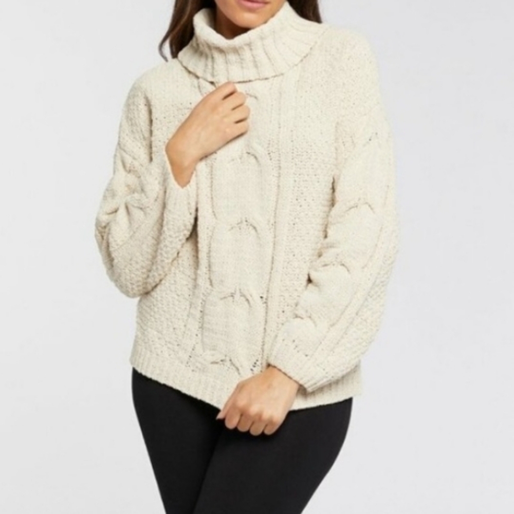 Seven7 Cable Knit Cowl Neck Sweater in Sandshell Womens Size Large